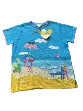 Quacker Factory QVC Womens Blue SZ 1X Beach Ocean Scene Short Sleeve Sweater NWT